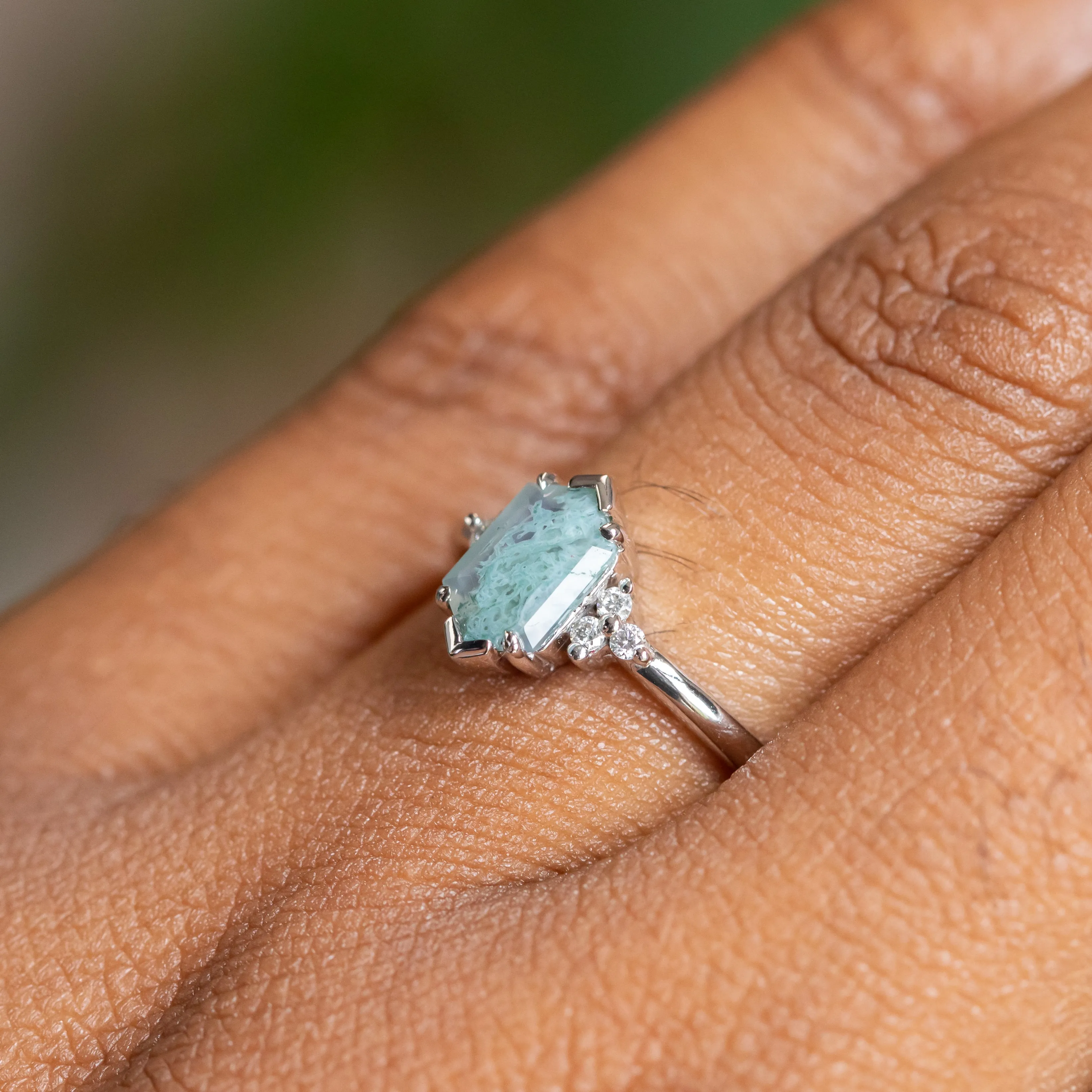 Elongated Hexagon Moss Agate Rings with Diamond Side Stones in 14K Yellow & White Gold