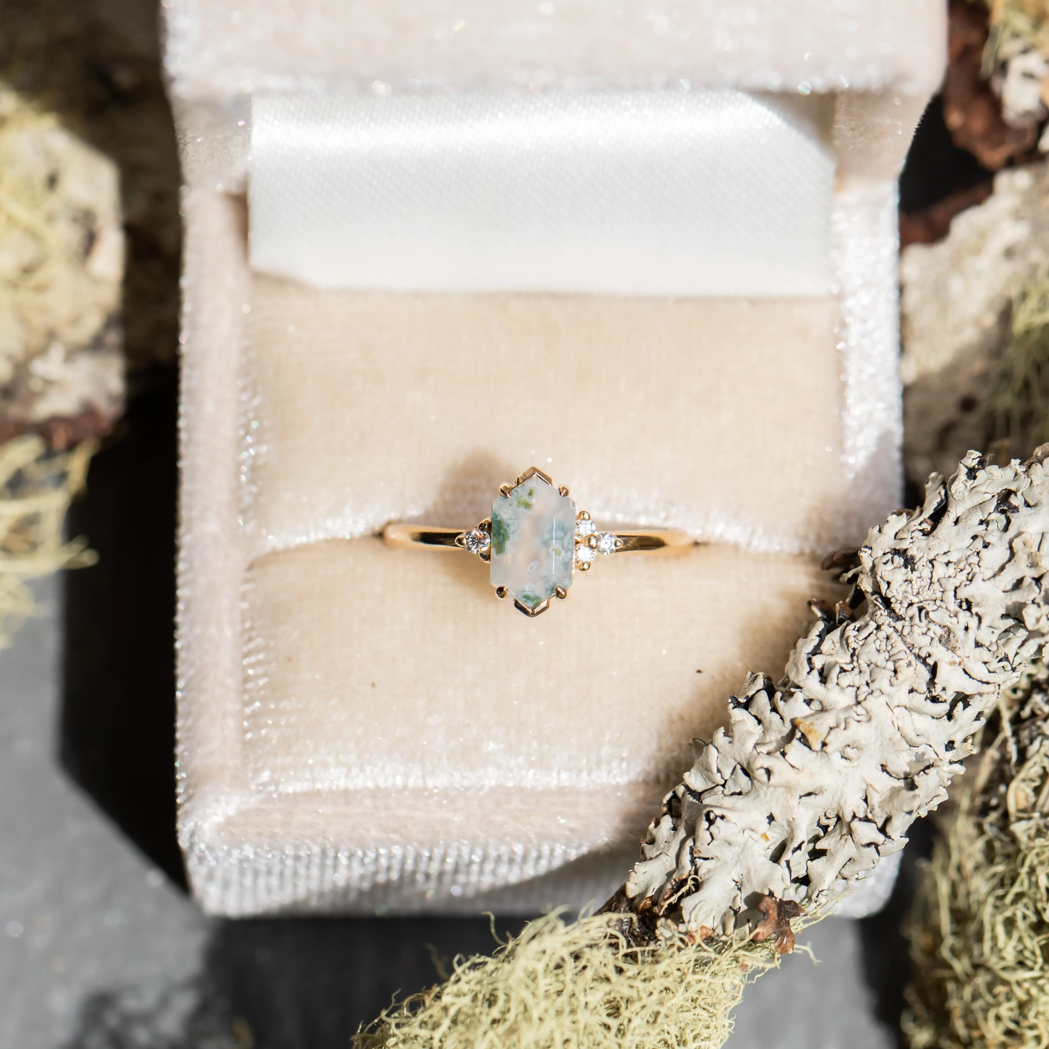 Elongated Hexagon Moss Agate Rings with Diamond Side Stones in 14K Yellow & White Gold