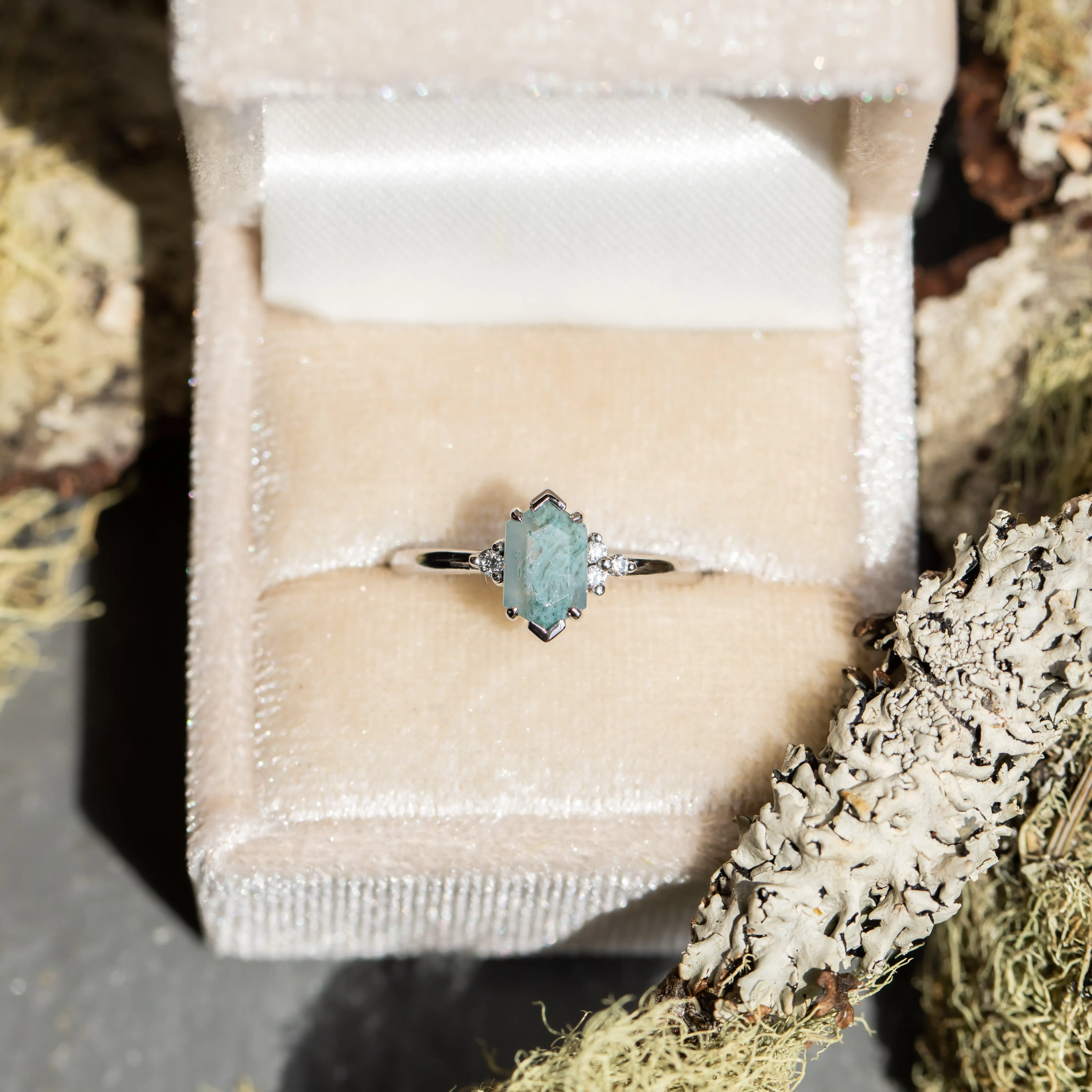 Elongated Hexagon Moss Agate Rings with Diamond Side Stones in 14K Yellow & White Gold