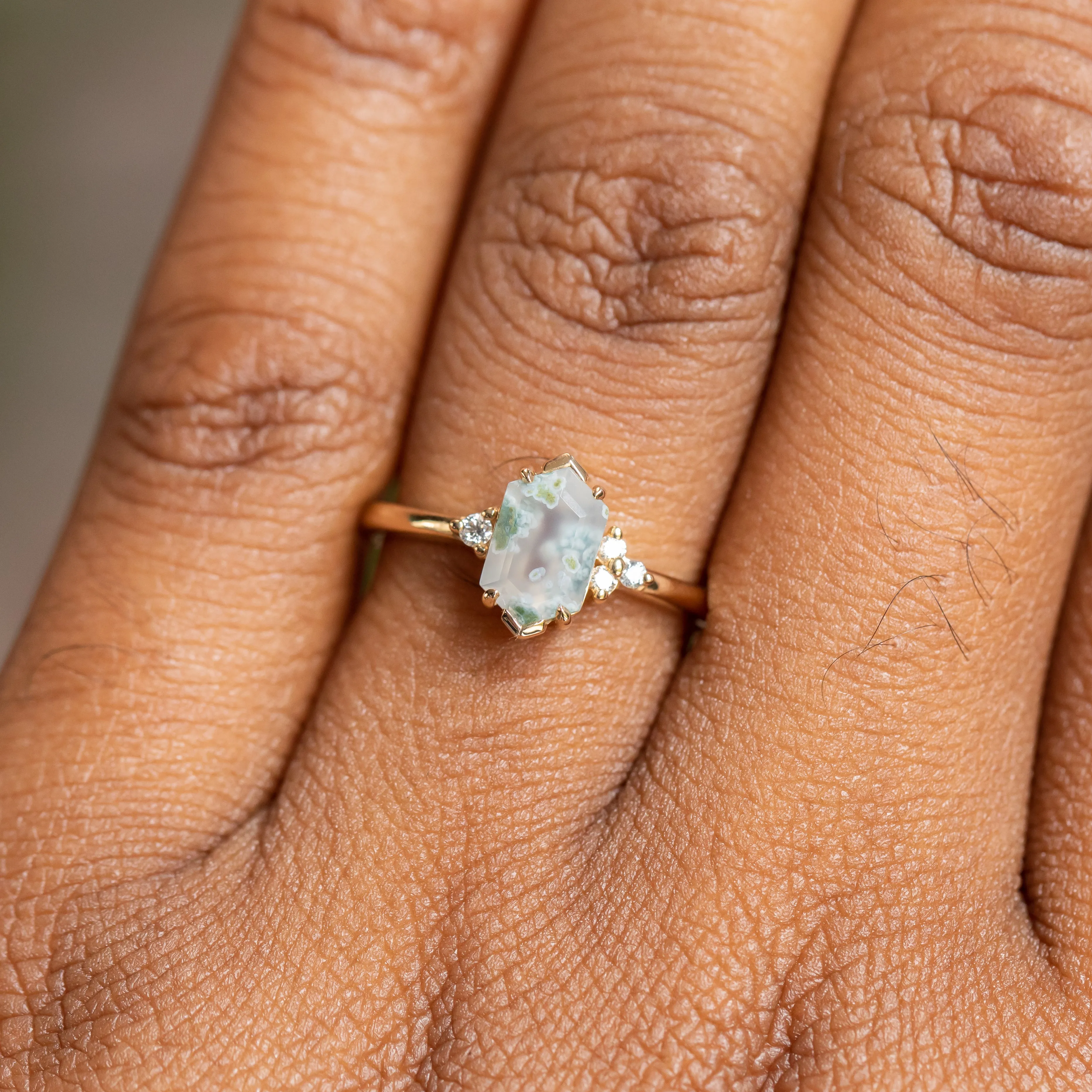 Elongated Hexagon Moss Agate Rings with Diamond Side Stones in 14K Yellow & White Gold