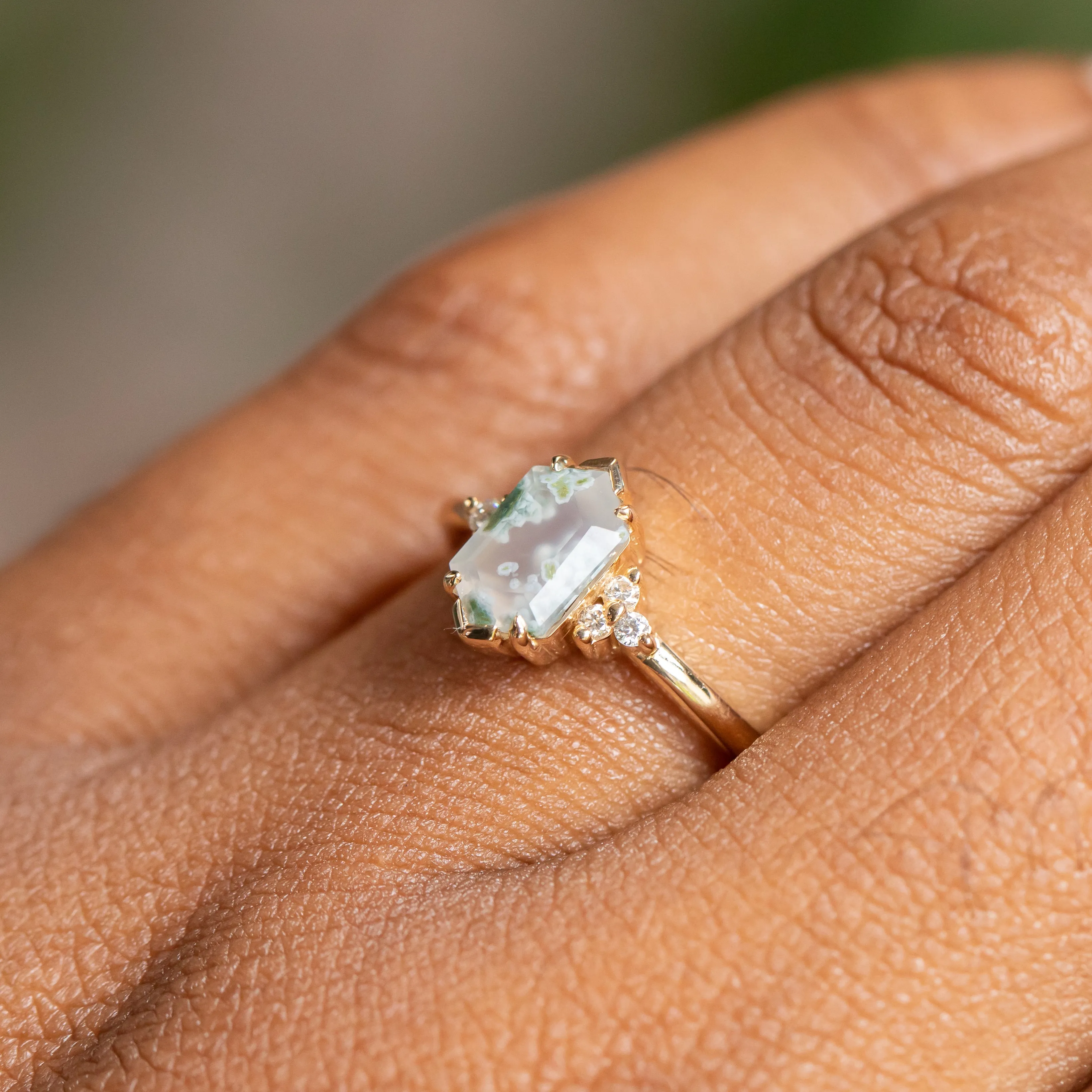 Elongated Hexagon Moss Agate Rings with Diamond Side Stones in 14K Yellow & White Gold