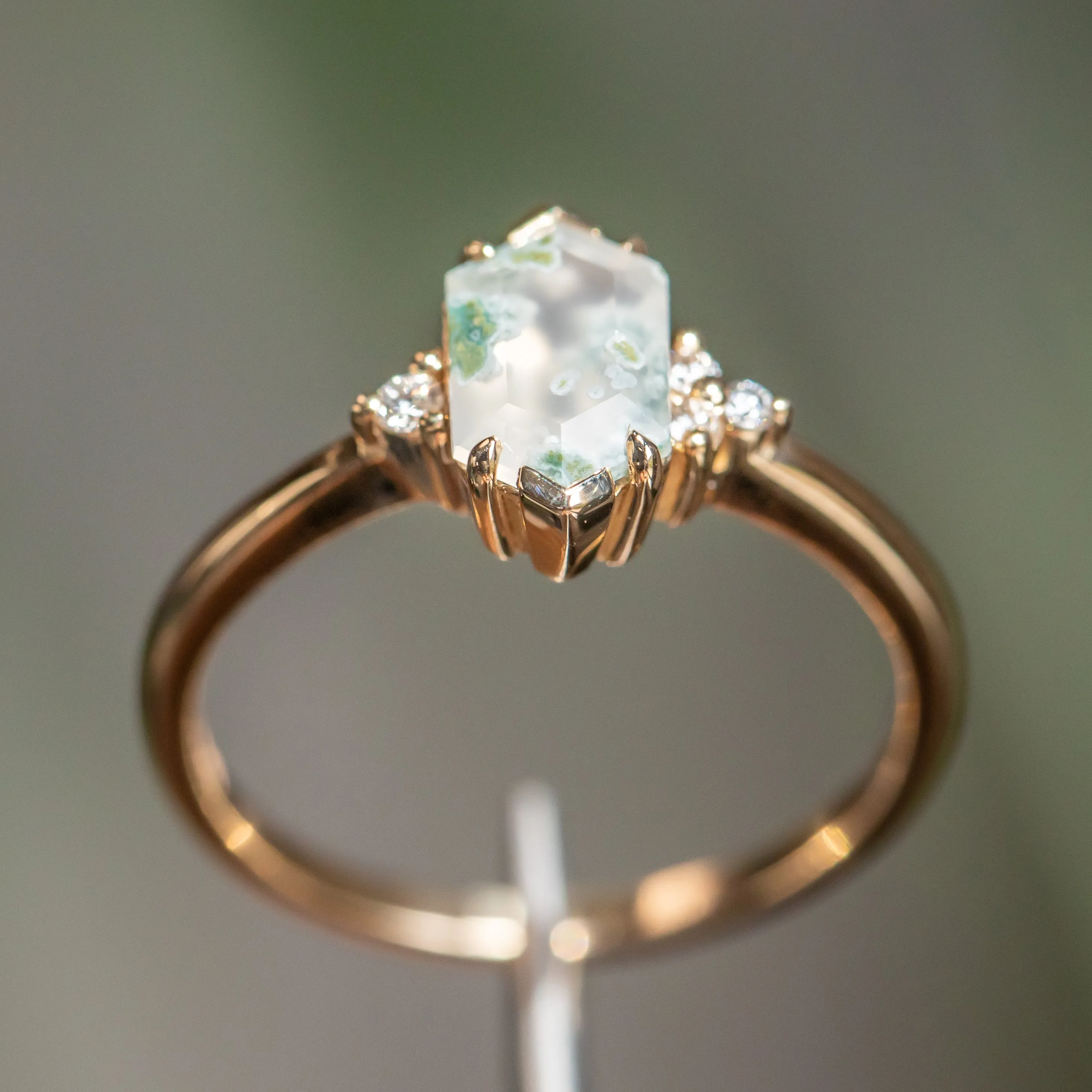 Elongated Hexagon Moss Agate Rings with Diamond Side Stones in 14K Yellow & White Gold