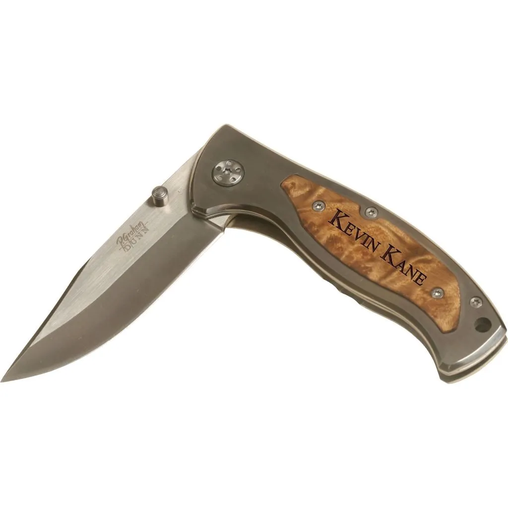 Engraveable wood pocket knife with clip