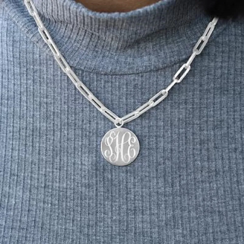 Engraved Disc Necklace / Paper Clip Chain