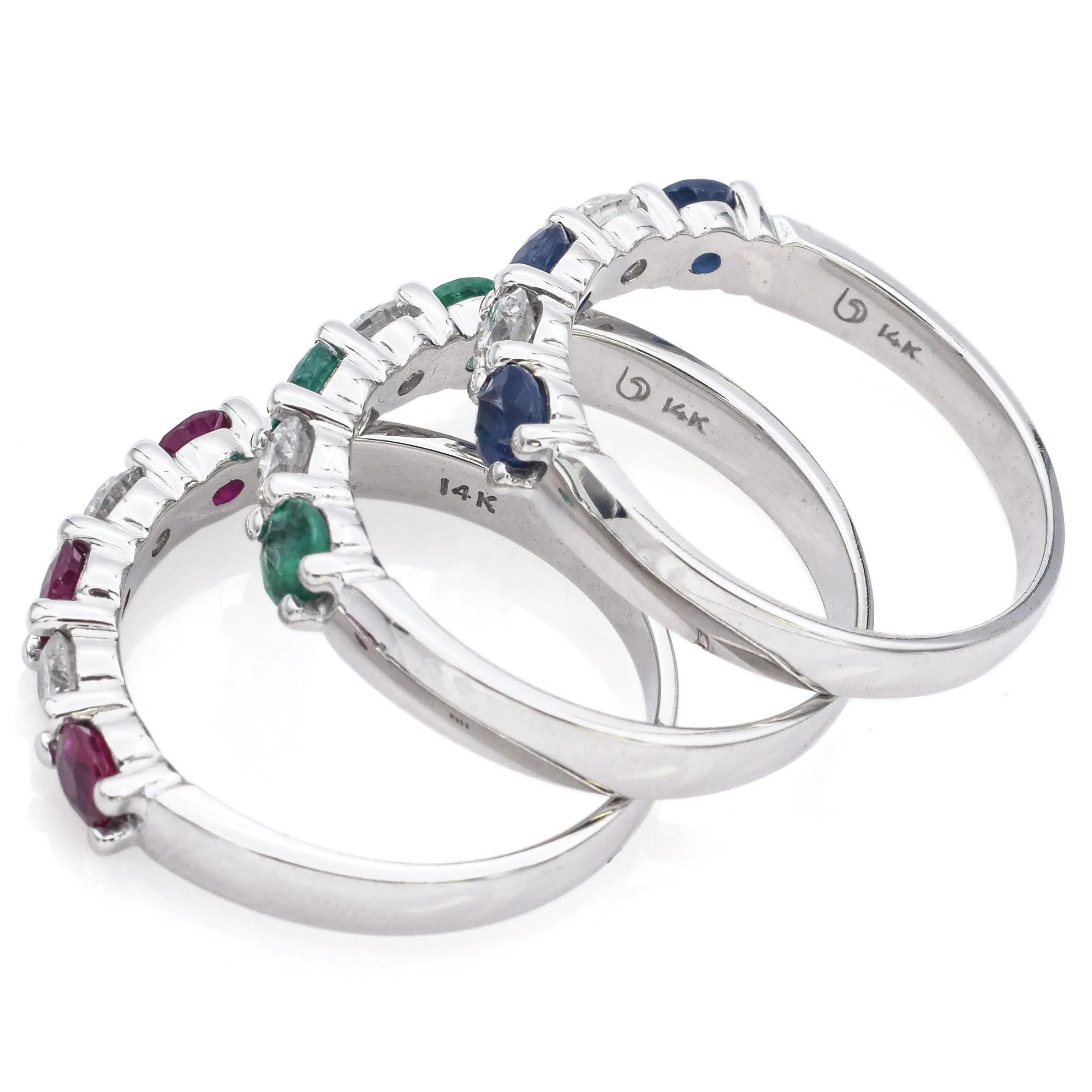 Estate 14K White Gold Sapphire, Ruby, Emerald & 1.26 TCW Diamond 3 Rings Set