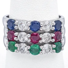 Estate 14K White Gold Sapphire, Ruby, Emerald & 1.26 TCW Diamond 3 Rings Set