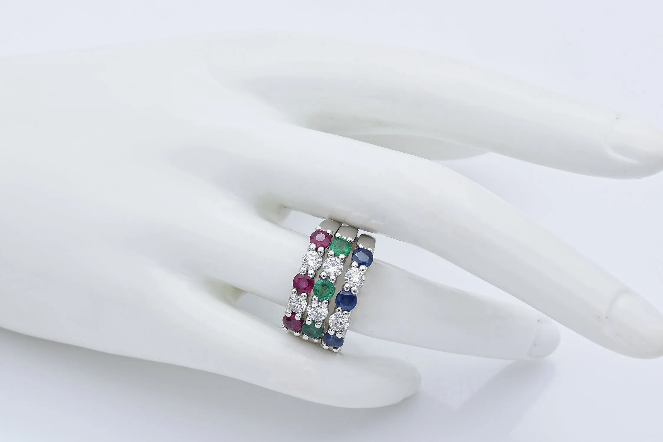 Estate 14K White Gold Sapphire, Ruby, Emerald & 1.26 TCW Diamond 3 Rings Set