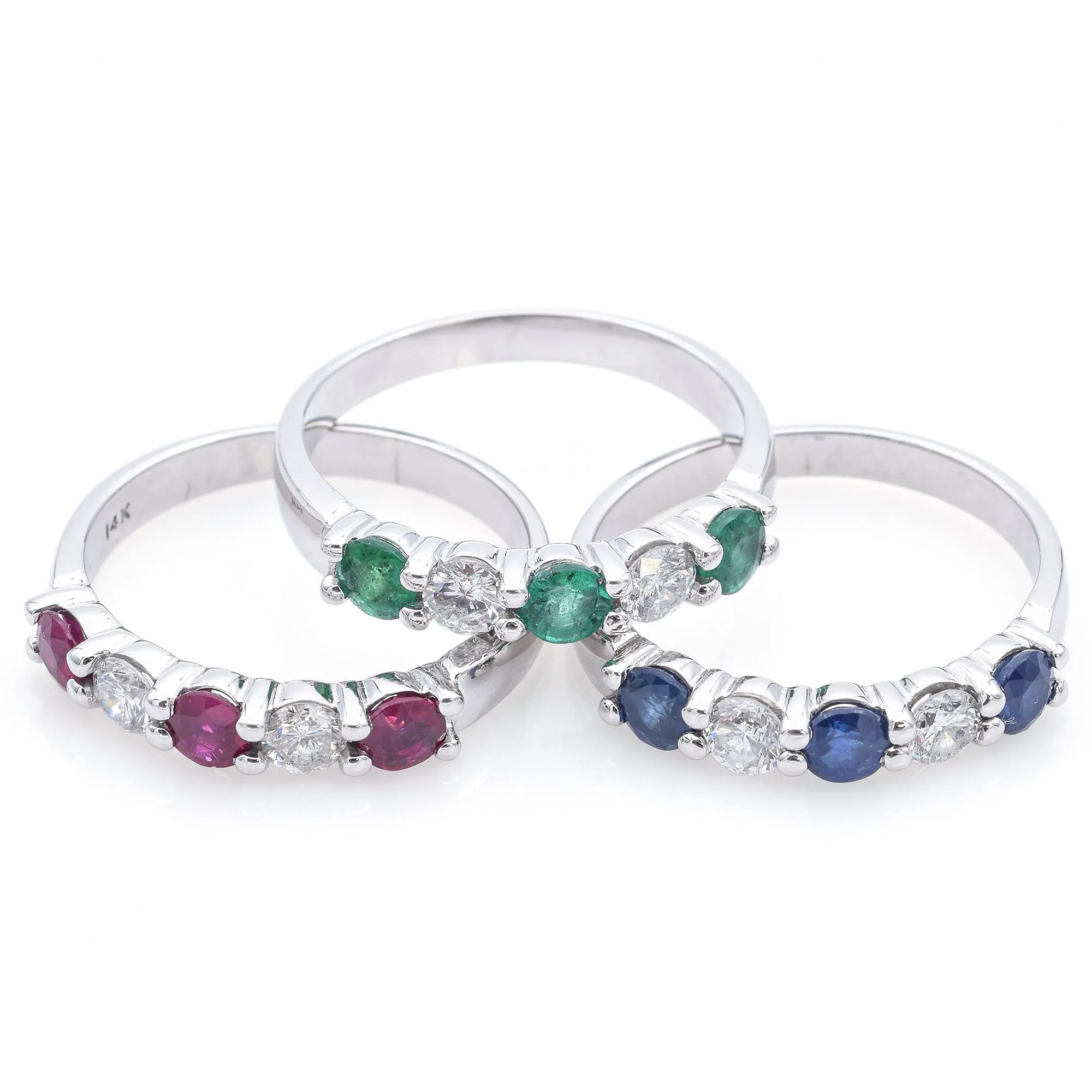 Estate 14K White Gold Sapphire, Ruby, Emerald & 1.26 TCW Diamond 3 Rings Set