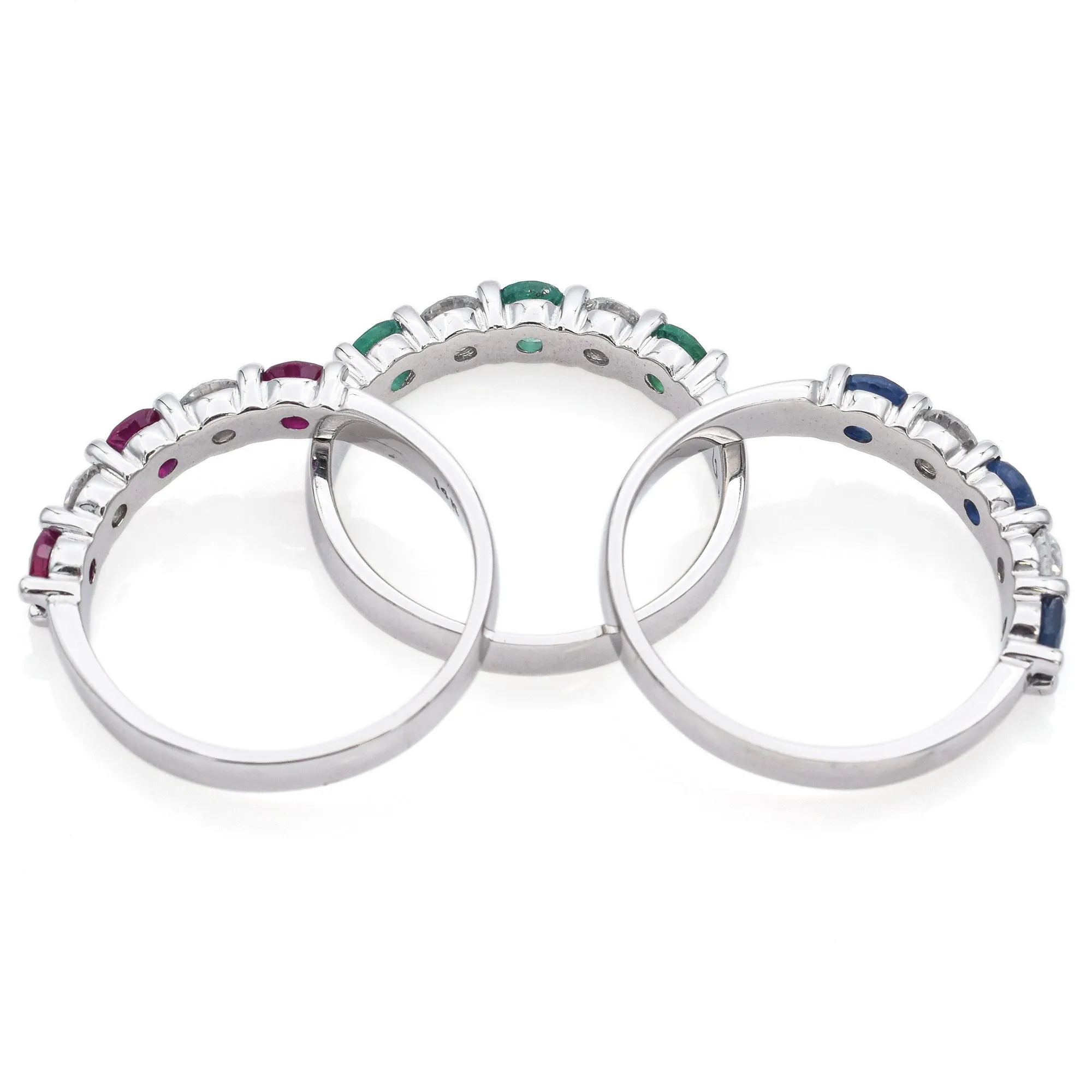 Estate 14K White Gold Sapphire, Ruby, Emerald & 1.26 TCW Diamond 3 Rings Set