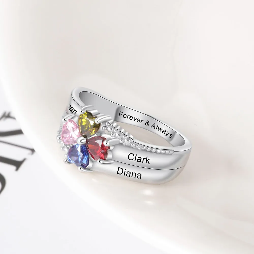 Family Name Mothers Ring with 4 Heart Birthstones Silver Color Personalized Engraved Rings for Women Gifts