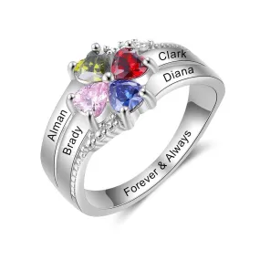 Family Name Mothers Ring with 4 Heart Birthstones Silver Color Personalized Engraved Rings for Women Gifts