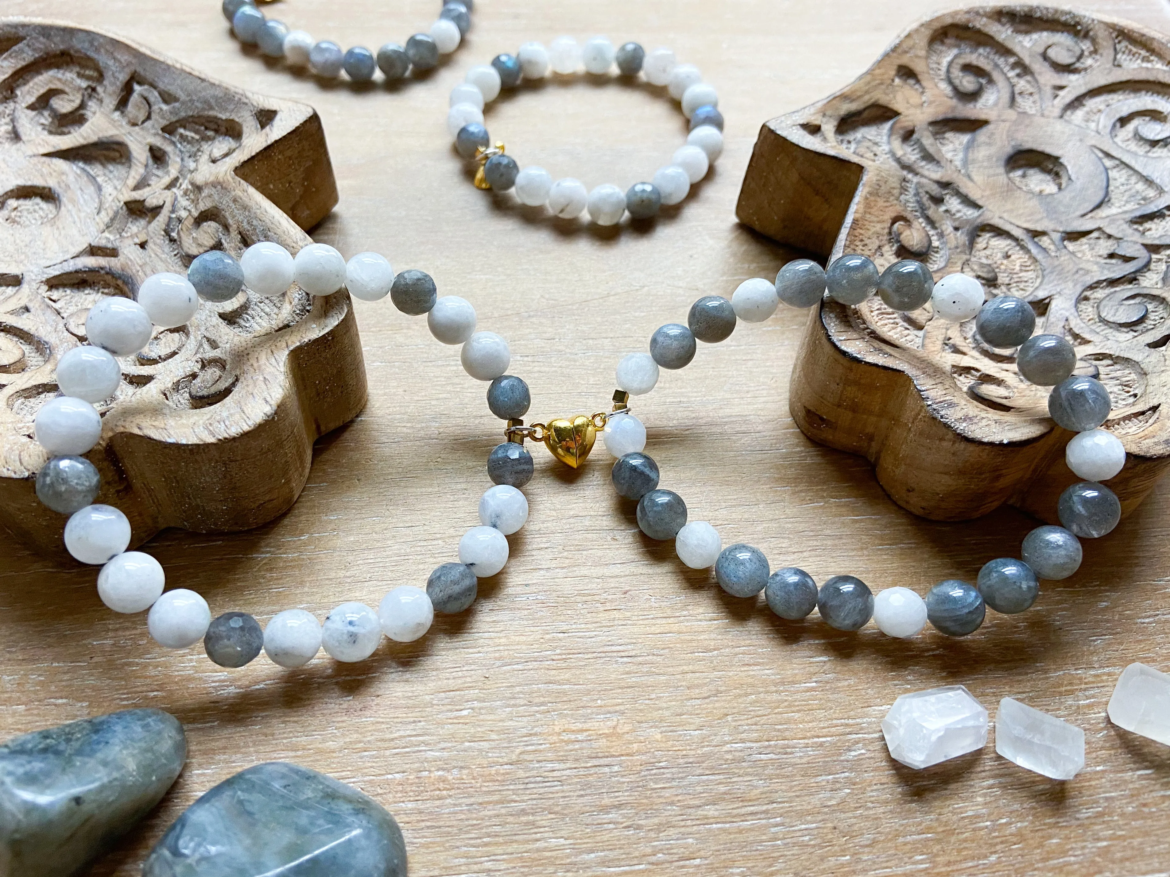 Friendship Bracelets || Labradorite & Rainbow Moonstone || Gold Magnetic Heart || Reiki Infused