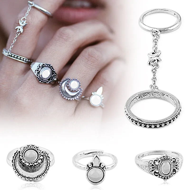 Gypsy Slave Ring 5 Piece Set Silver Stackable Rings Moon Phases Opulent Stones Bohemian Coachella Festival Stacking Midi Knuckle Chained Rings