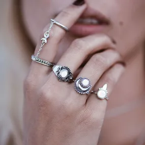 Gypsy Slave Ring 5 Piece Set Silver Stackable Rings Moon Phases Opulent Stones Bohemian Coachella Festival Stacking Midi Knuckle Chained Rings