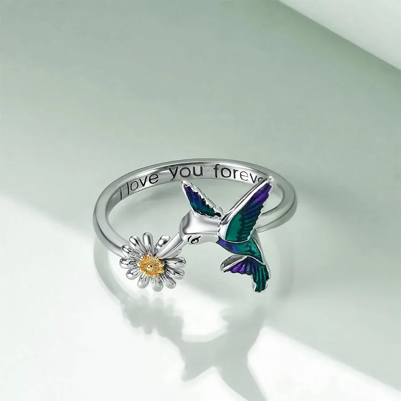 Hummingbird Rings Gifts for Women Sterling Silver Bird Daisy Flower Ring for Girls Friend