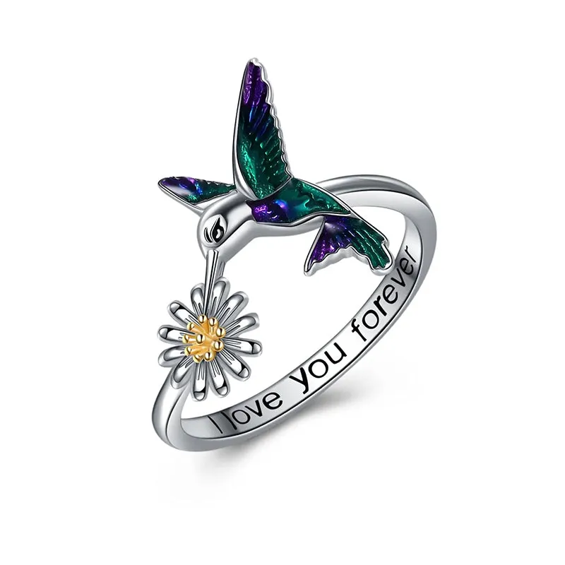 Hummingbird Rings Gifts for Women Sterling Silver Bird Daisy Flower Ring for Girls Friend