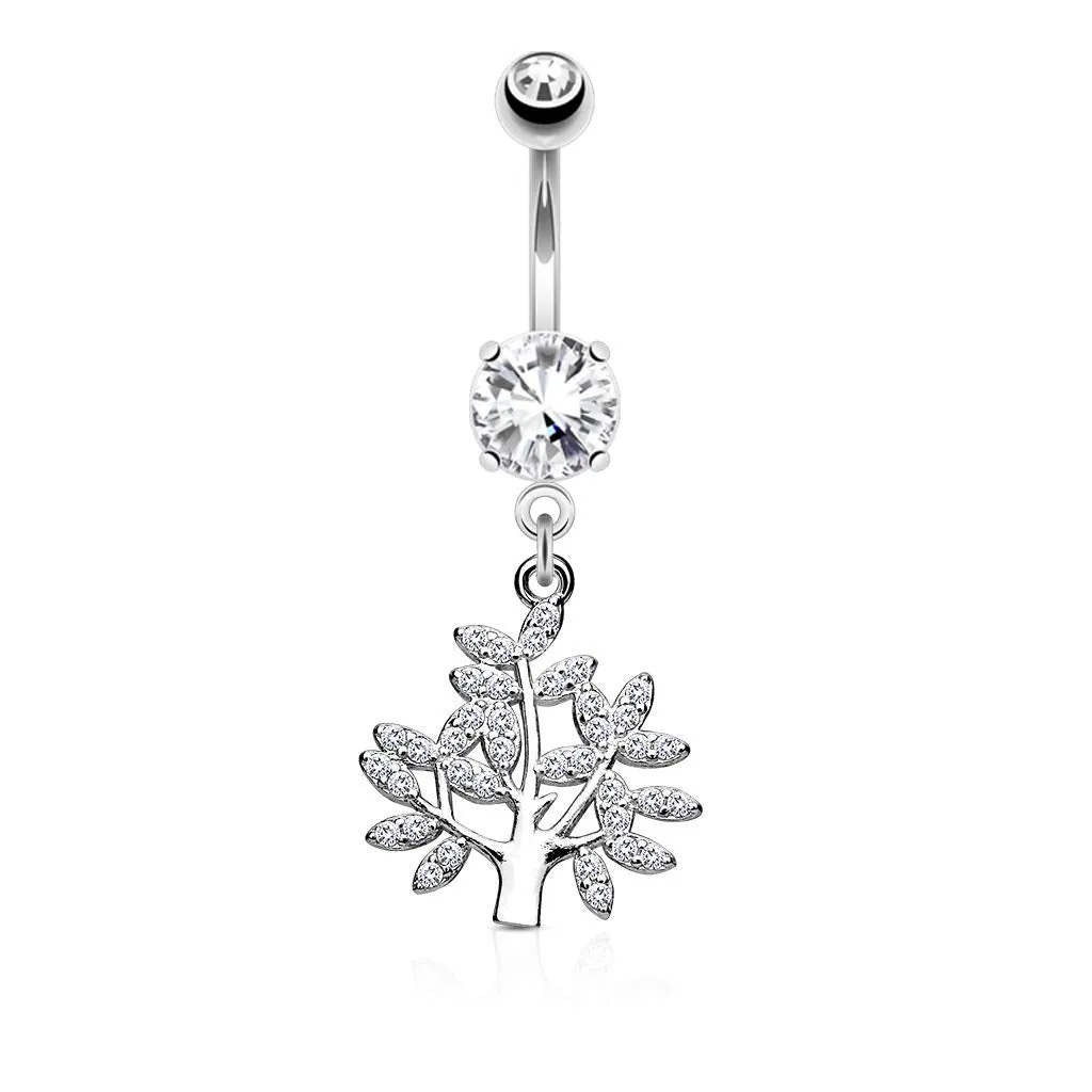 Micro CZ Paved Life Tree Dangle and Round CZ Set 316L Surgical Steel WildKlass Belly Button Navel Rings