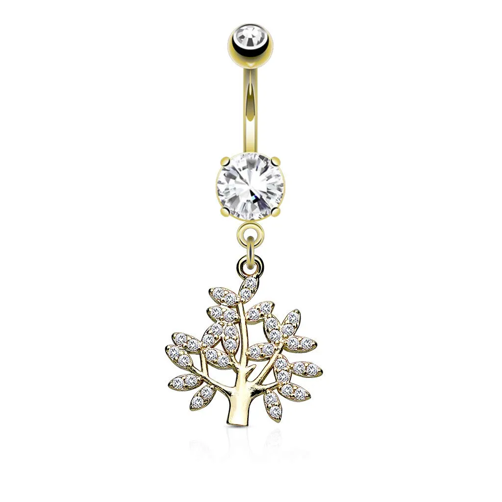 Micro CZ Paved Life Tree Dangle and Round CZ Set 316L Surgical Steel WildKlass Belly Button Navel Rings