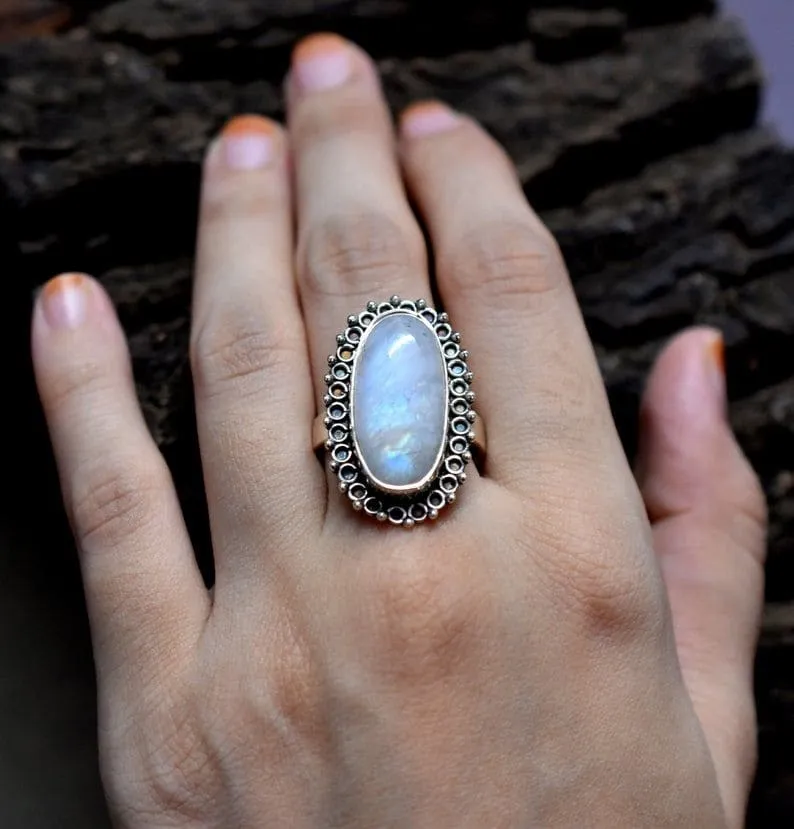 Moonstone Bohemian Ring, Sterling Silver Boho Rings, Birthday Gift for Best Friend, Handcrafted Ring Moonstone Rainbow