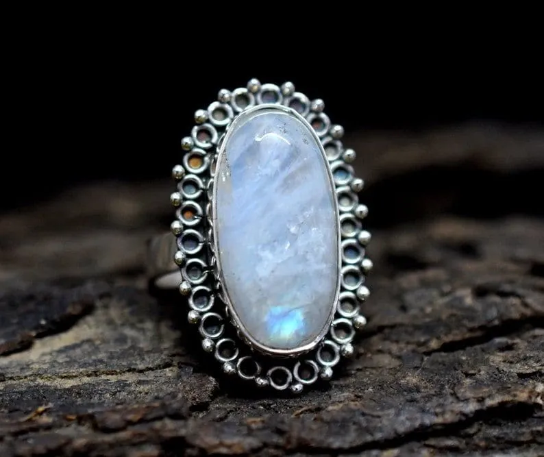 Moonstone Bohemian Ring, Sterling Silver Boho Rings, Birthday Gift for Best Friend, Handcrafted Ring Moonstone Rainbow