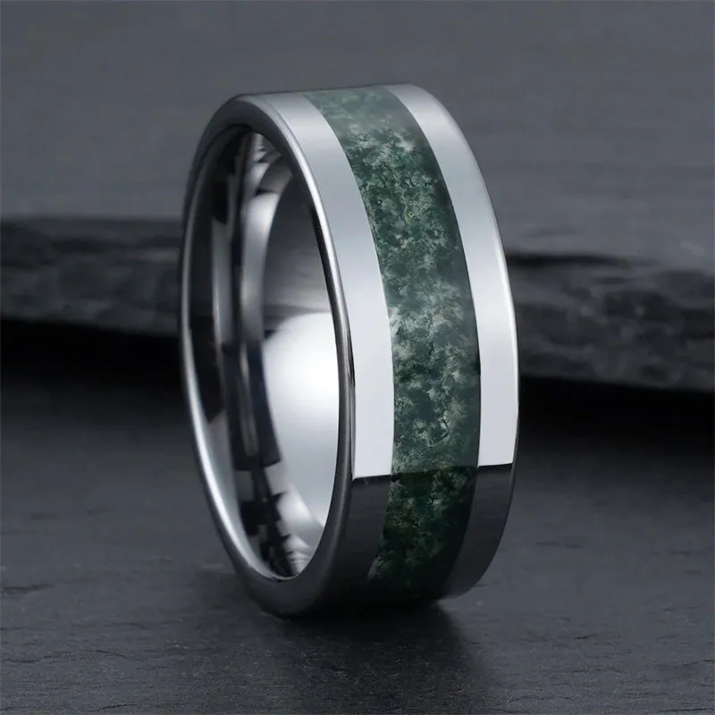 Moss Agate Ring 925 Sterling Silver Custom Engraving Text Men's Wedding Rings Promise Ring Gift for Engagement/Wedding