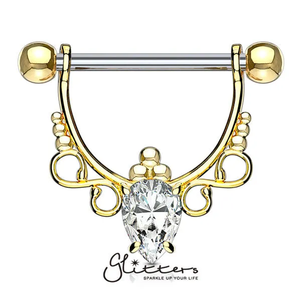 Infinite Filigree Dangle Nipple Rings with Pear CZ, 316L Surgical Steel