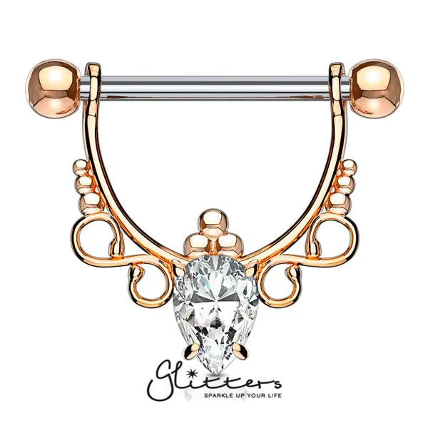 Infinite Filigree Dangle Nipple Rings with Pear CZ, 316L Surgical Steel