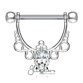 Infinite Filigree Dangle Nipple Rings with Pear CZ, 316L Surgical Steel