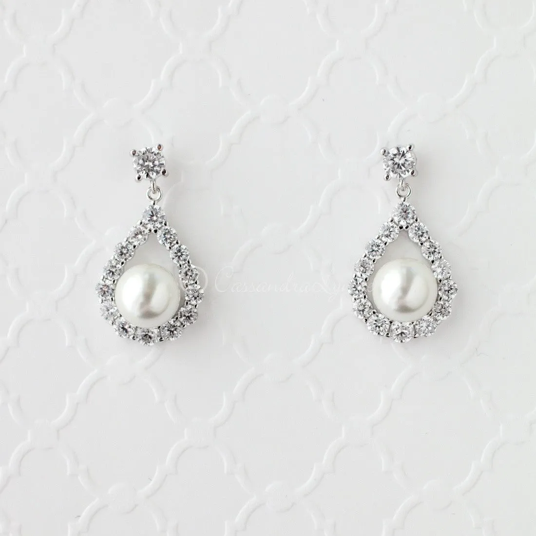 Pearl CZ Drop Bridal Earrings