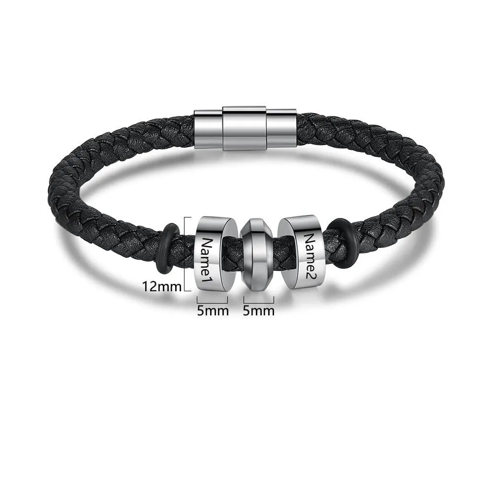 Personalized 2 Names Stainless Steel Black Leather Bracelets