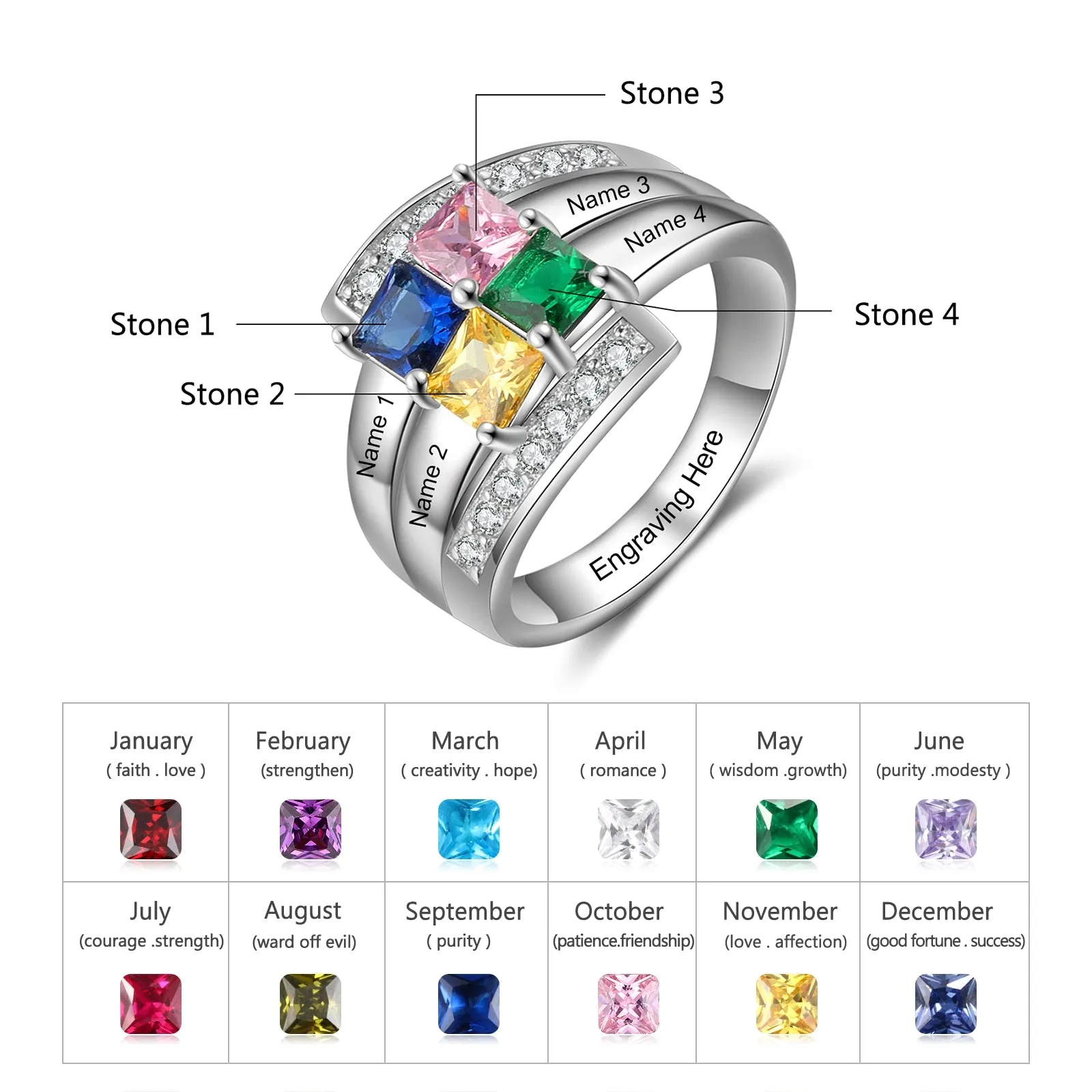 Personalized Engraving 4 Name Rings for Women Customized Square Birthstone Mothers Ring Best Gifts for Grandmother