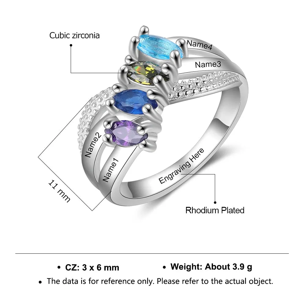 Personalized Family Name Engraved Rings for Women Customized 4 Birthstones Silver Color Copper Ring Anniversary Gifts