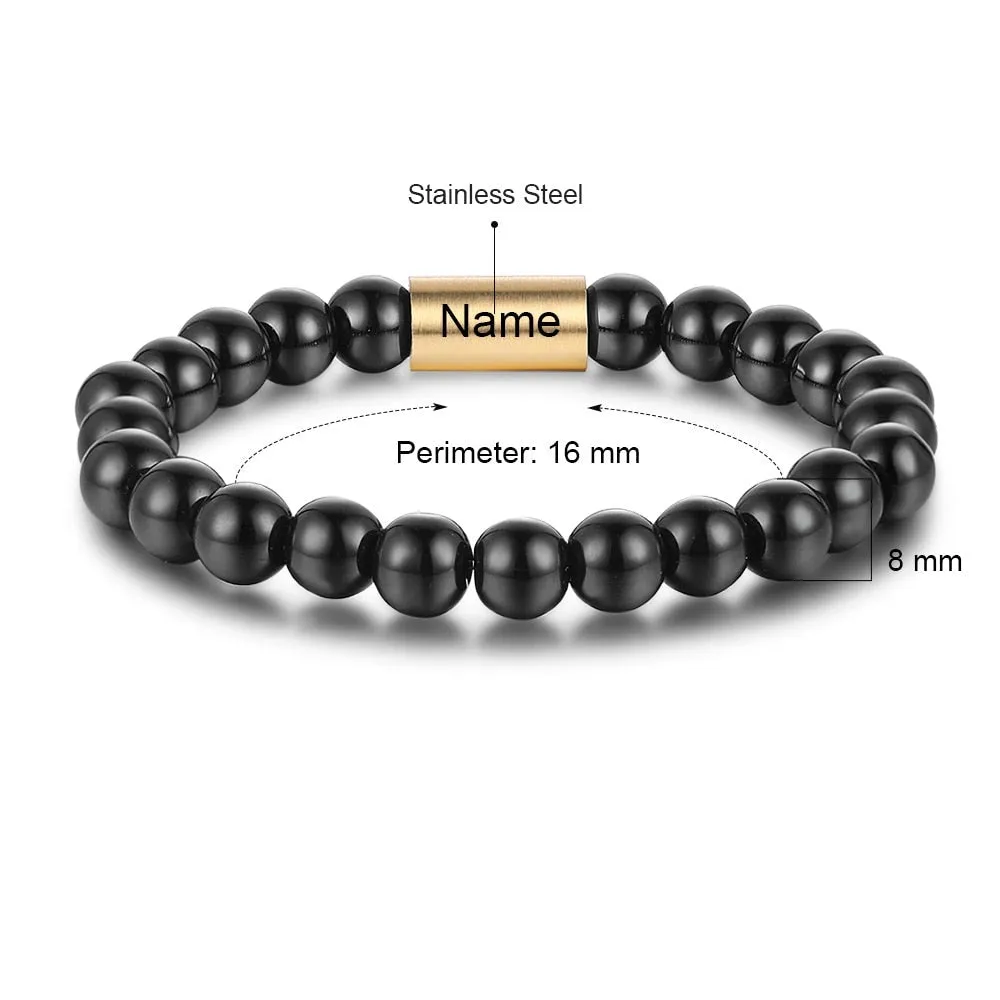 Personalized Name Engraved Black Beads Chain Bracelets For Men