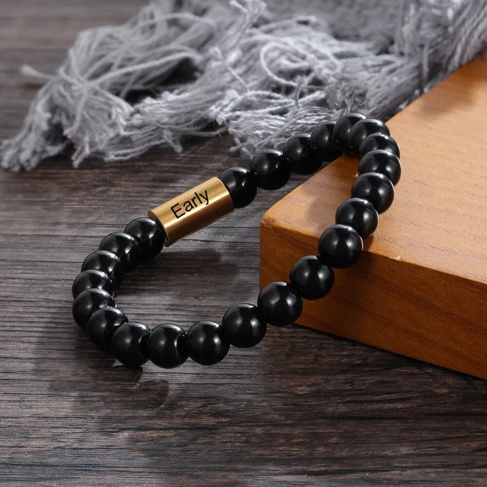 Personalized Name Engraved Black Beads Chain Bracelets For Men