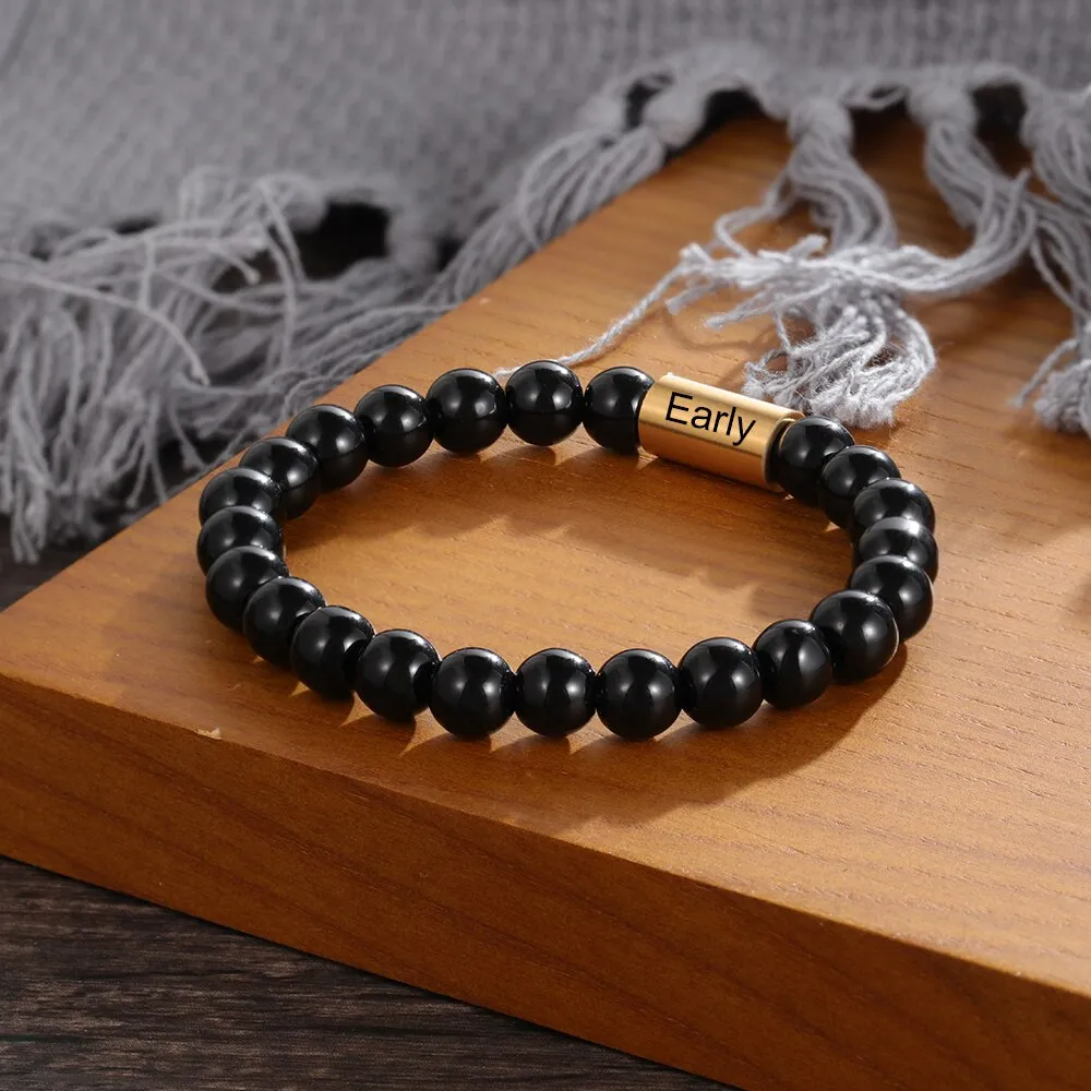 Personalized Name Engraved Black Beads Chain Bracelets For Men