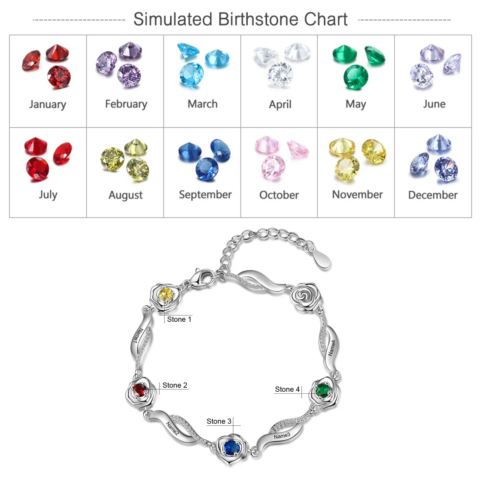 Personalized Rose Flower Bracelets with 4 Name Engraving Customized Inlaid Birthstone Bracelets & Bangles