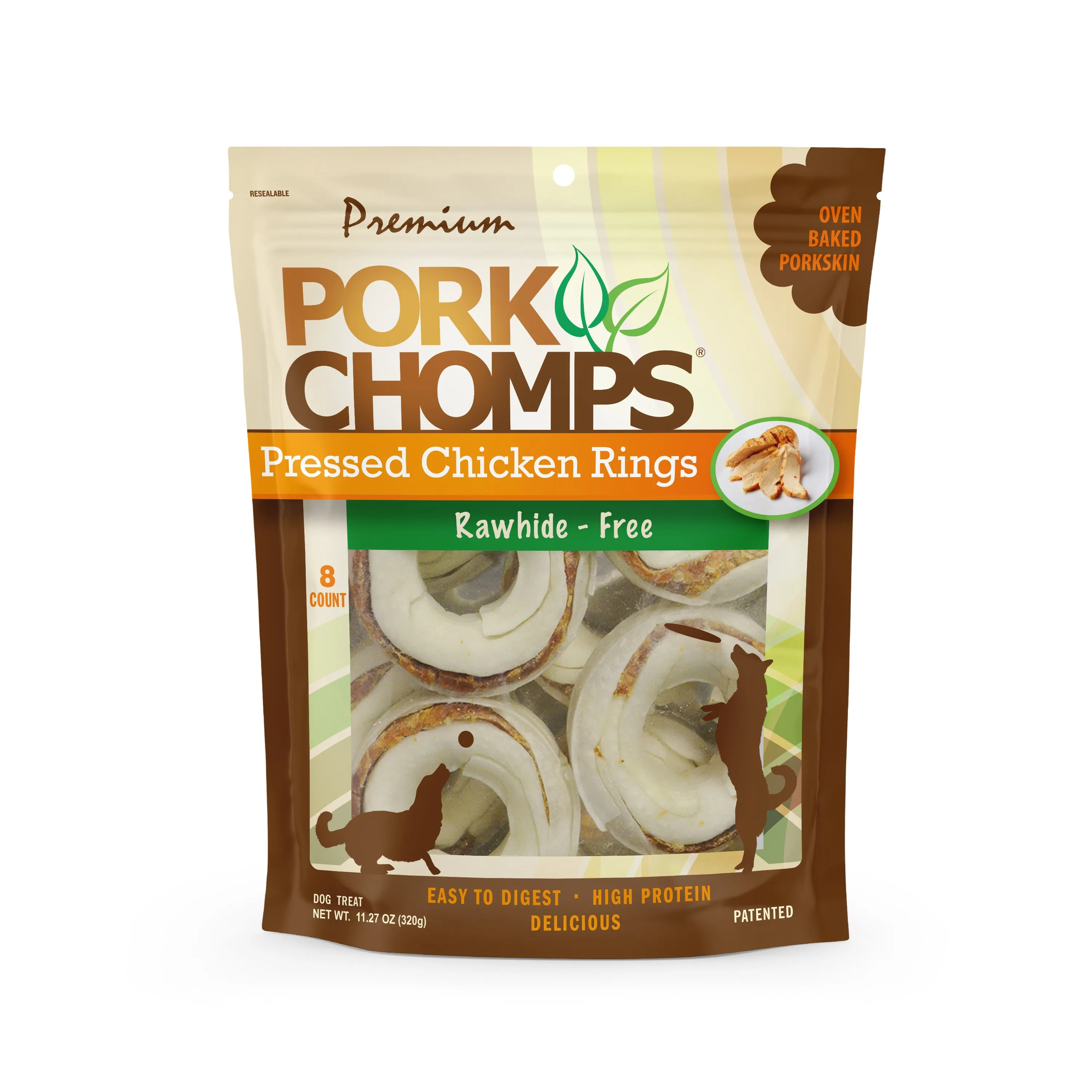 Pork Chomps 2.5 Pressed Pork Skin Rings with Real Chicken, 8 count Dog Chews