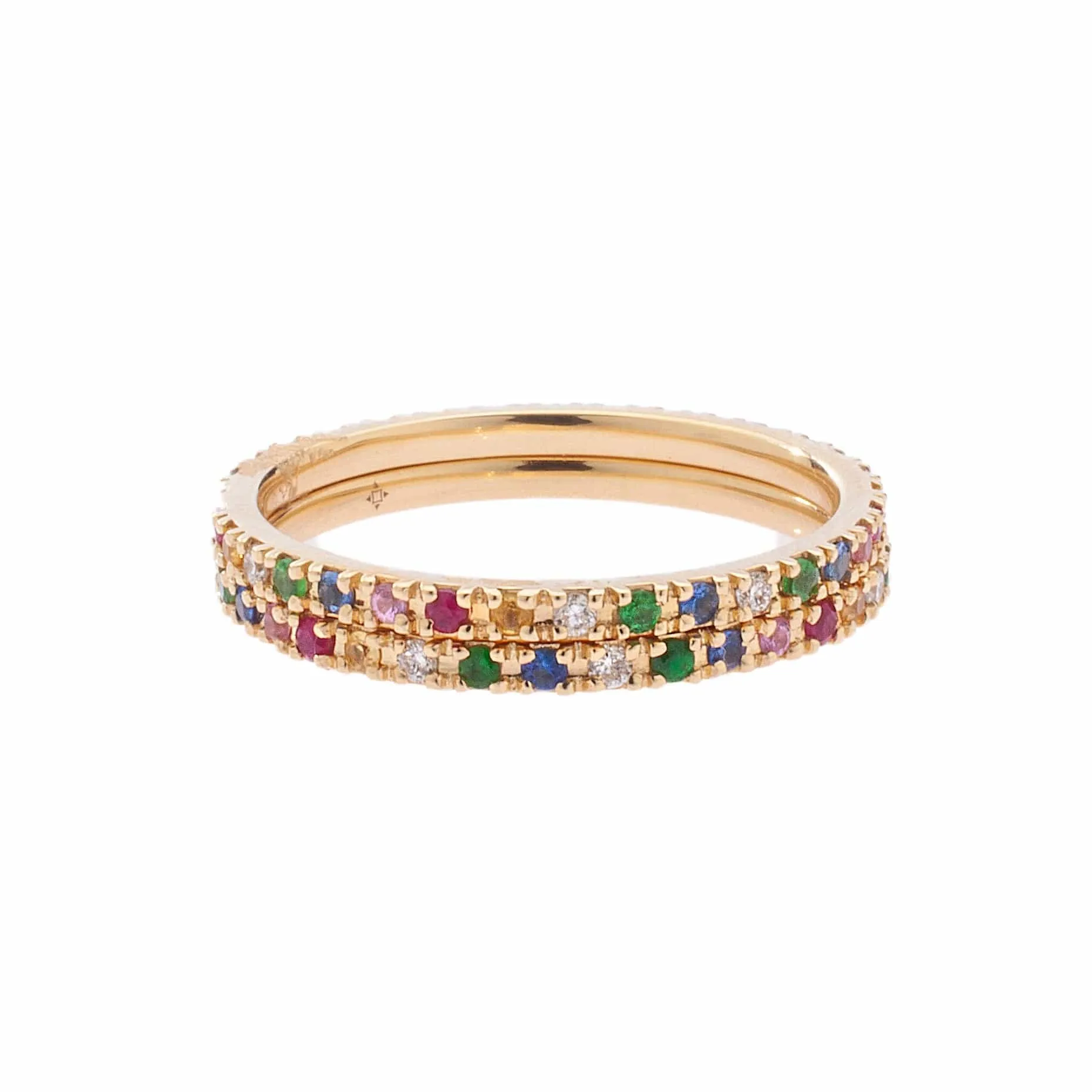 Rainbow 14K Gold Medium size multi-color sapphire and Diamond Eternity Stacking Rings