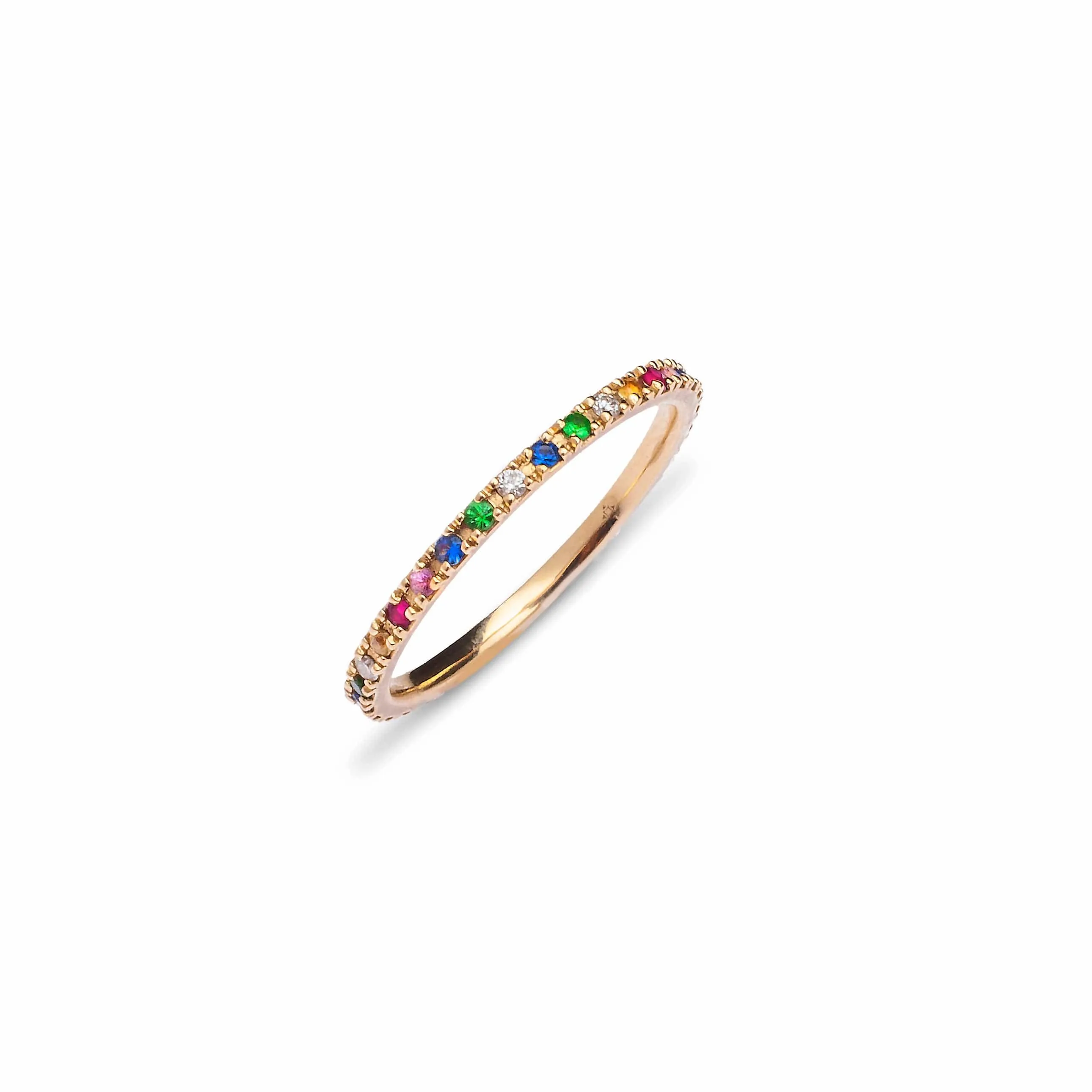 Rainbow 14K Gold Medium size multi-color sapphire and Diamond Eternity Stacking Rings