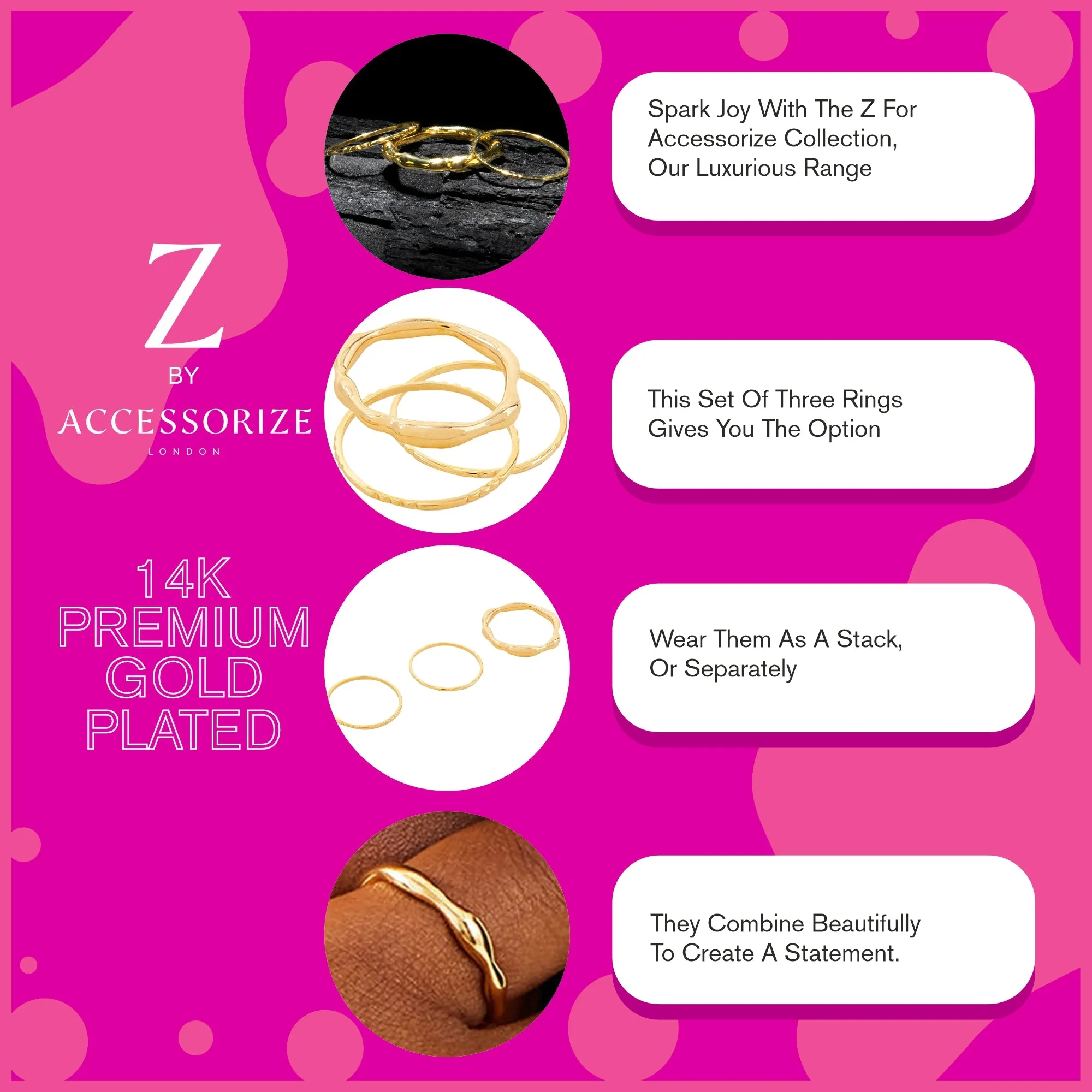 Real Gold Plated Z Gold Molten Rings Set Of Three-Extra Small