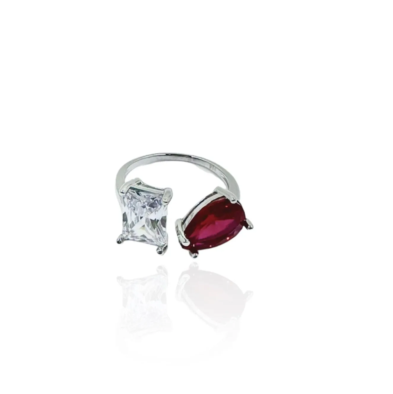 Red and White CZ Diamond Double Stone Ring