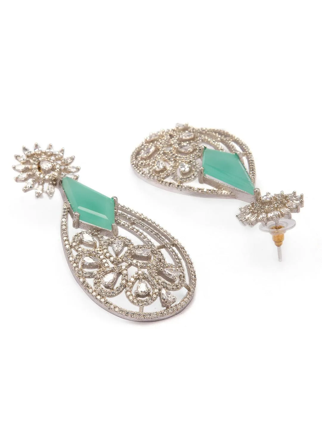 Rubans Silver-Toned & Green Teardrop Shaped Handcrafted Drop Earrings