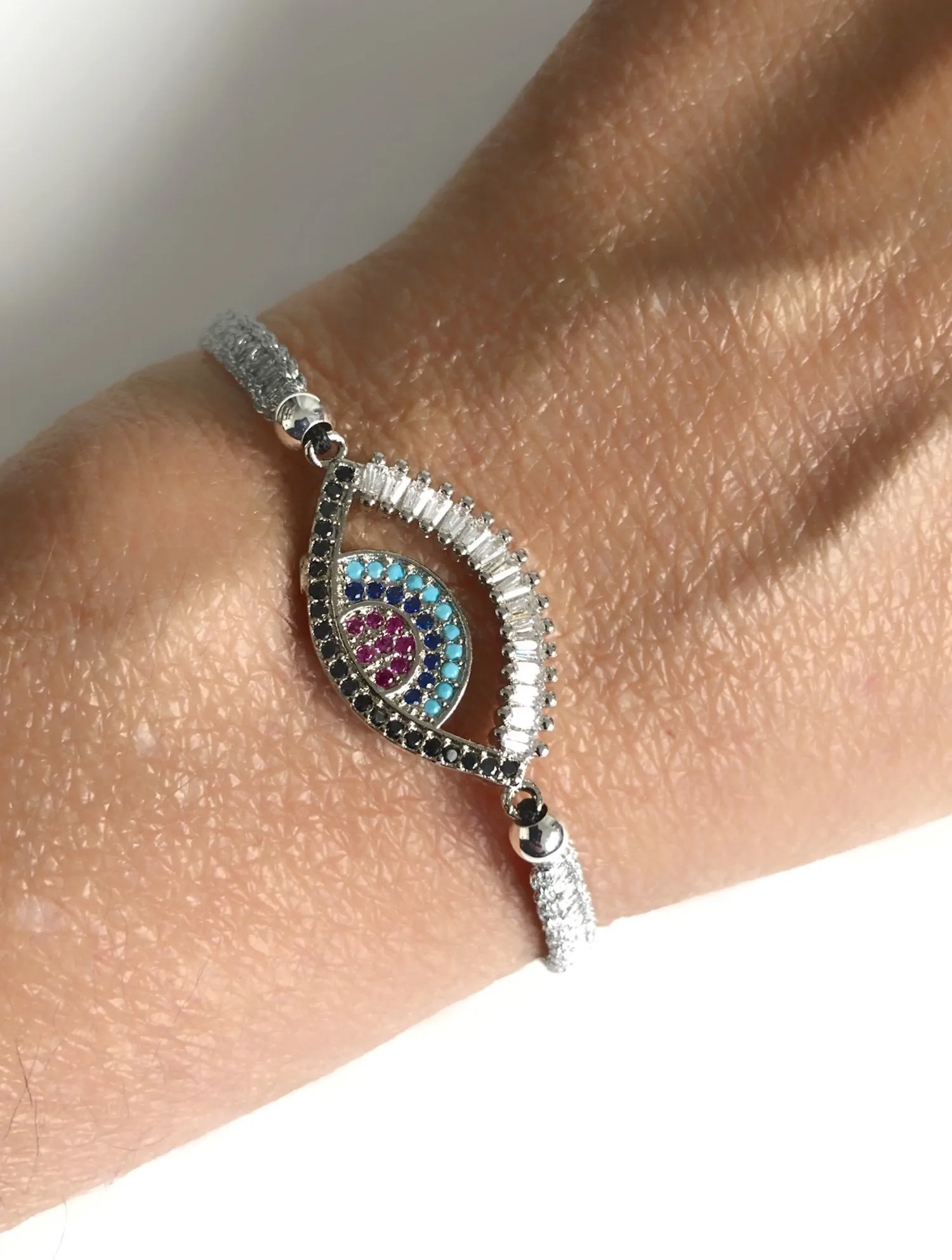 Silver Evil Eye Bracelet, Cubic Zirconia Protection Bracelets