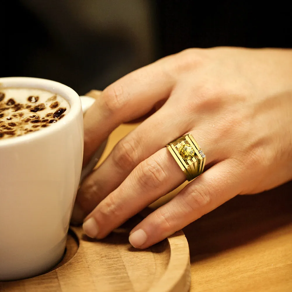 Solid 18K YELLOW GOLD Mens Ring with Citrine and 2 Real DIAMOND Accents