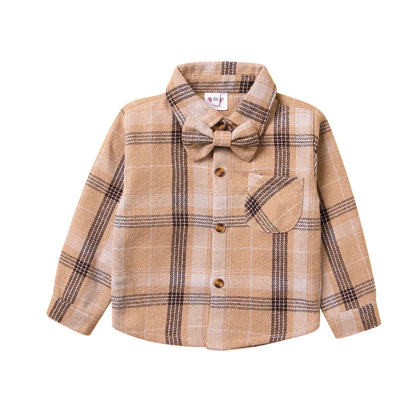 Toddler kids Long-sleeved plaid shirt bow tie cardigan top