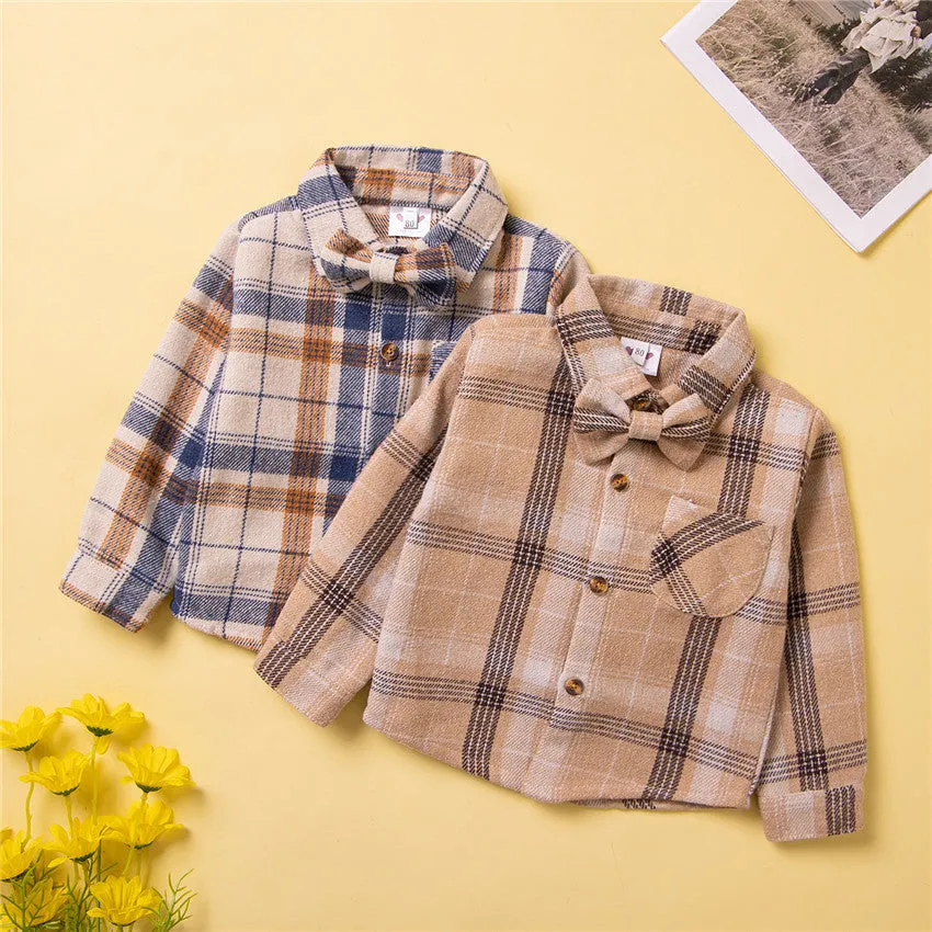 Toddler kids Long-sleeved plaid shirt bow tie cardigan top