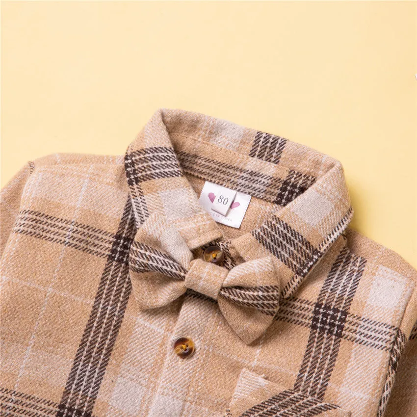 Toddler kids Long-sleeved plaid shirt bow tie cardigan top