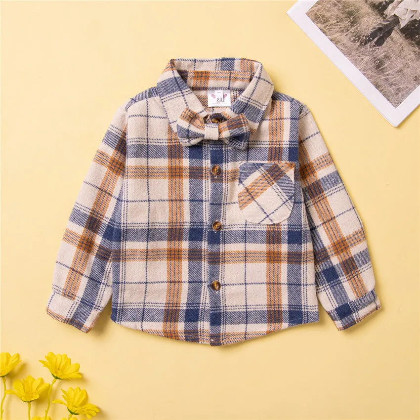 Toddler kids Long-sleeved plaid shirt bow tie cardigan top