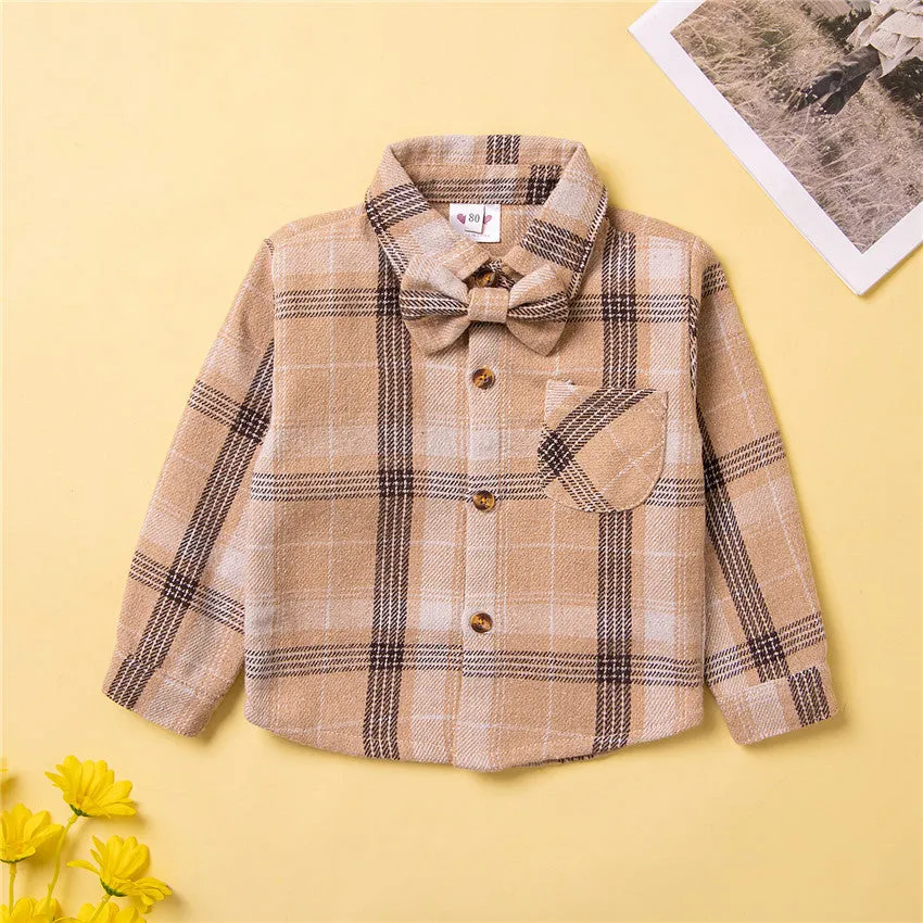 Toddler kids Long-sleeved plaid shirt bow tie cardigan top