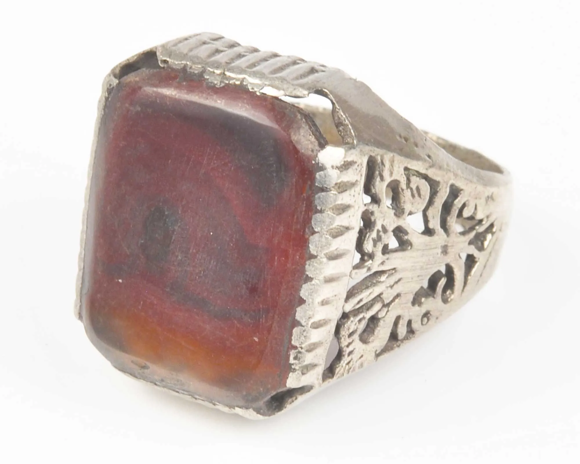 Vintage Rings-Tribal Gypsy Glass Ring-Silver-Size 12-Red Brown-No. 4-Quantity 1